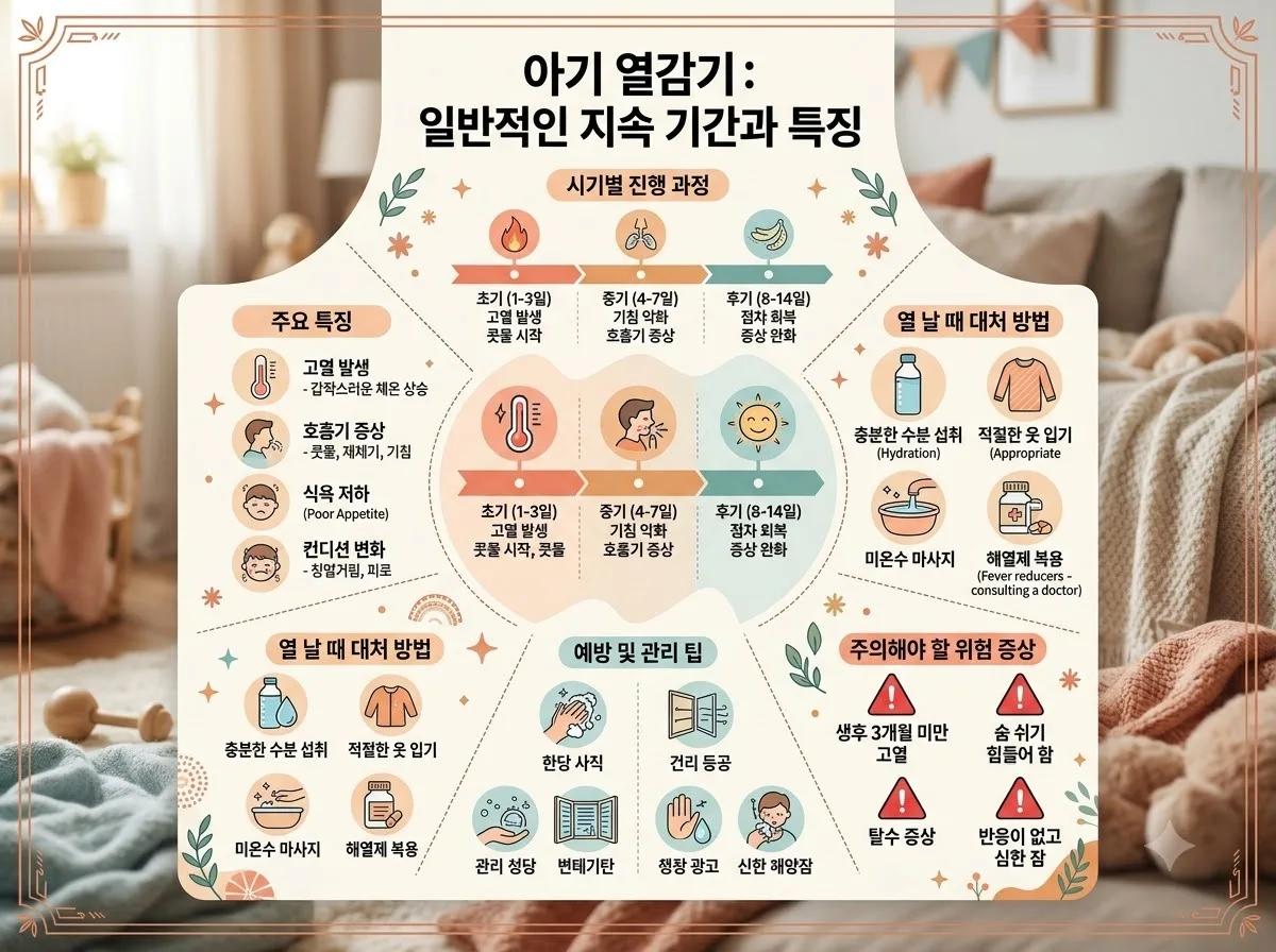 아기 열감기의 일반적인 지속 기간과 특징 핵심 내용을 한글 라벨로 정리한 정보성 이미지
