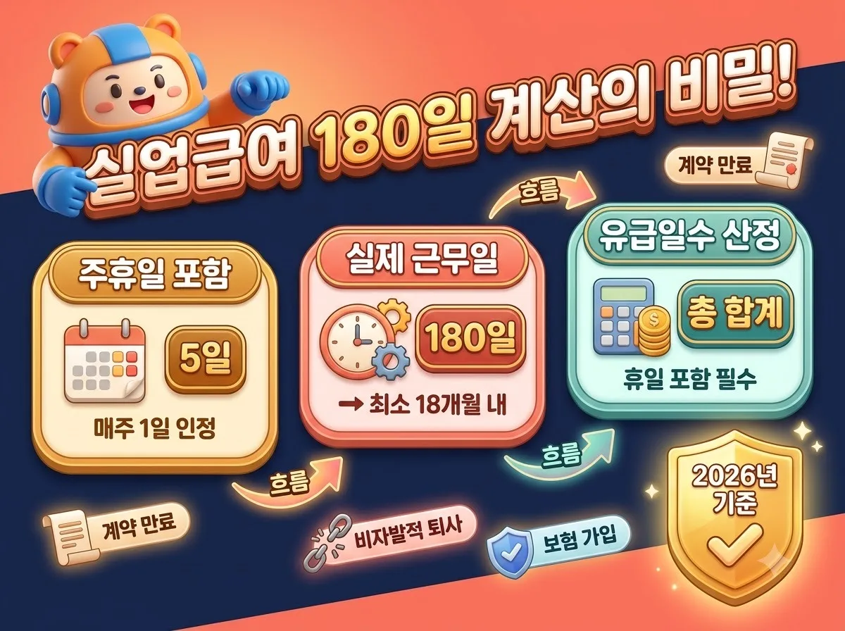 실업급여 피보험 단위기간 180일 계산 방법과 주휴일 포함 기준을 안내하는 인포그래픽 썸네일