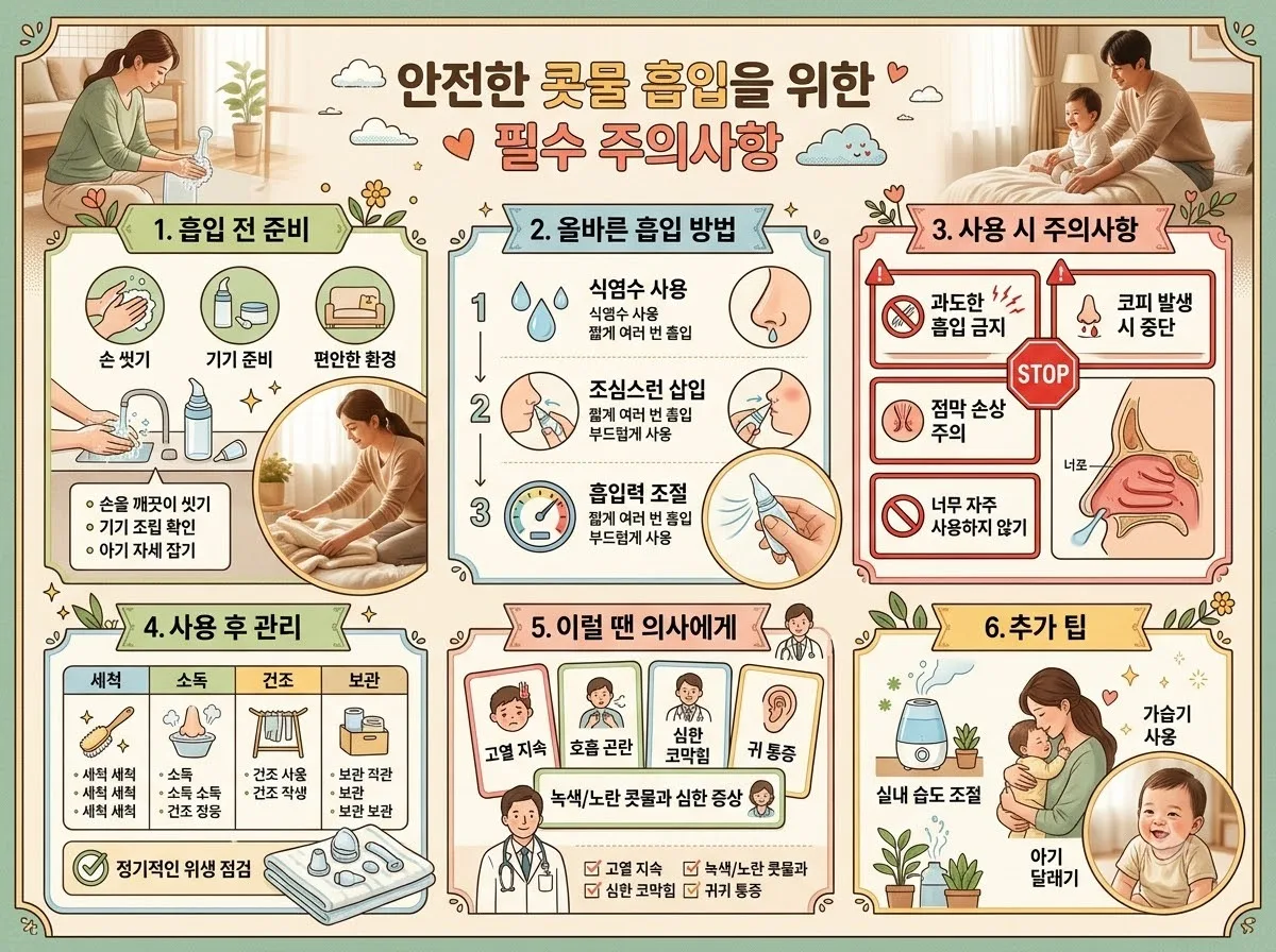 안전한 콧물 흡입을 위한 필수 주의사항 핵심 내용을 한글 라벨로 정리한 정보성 이미지