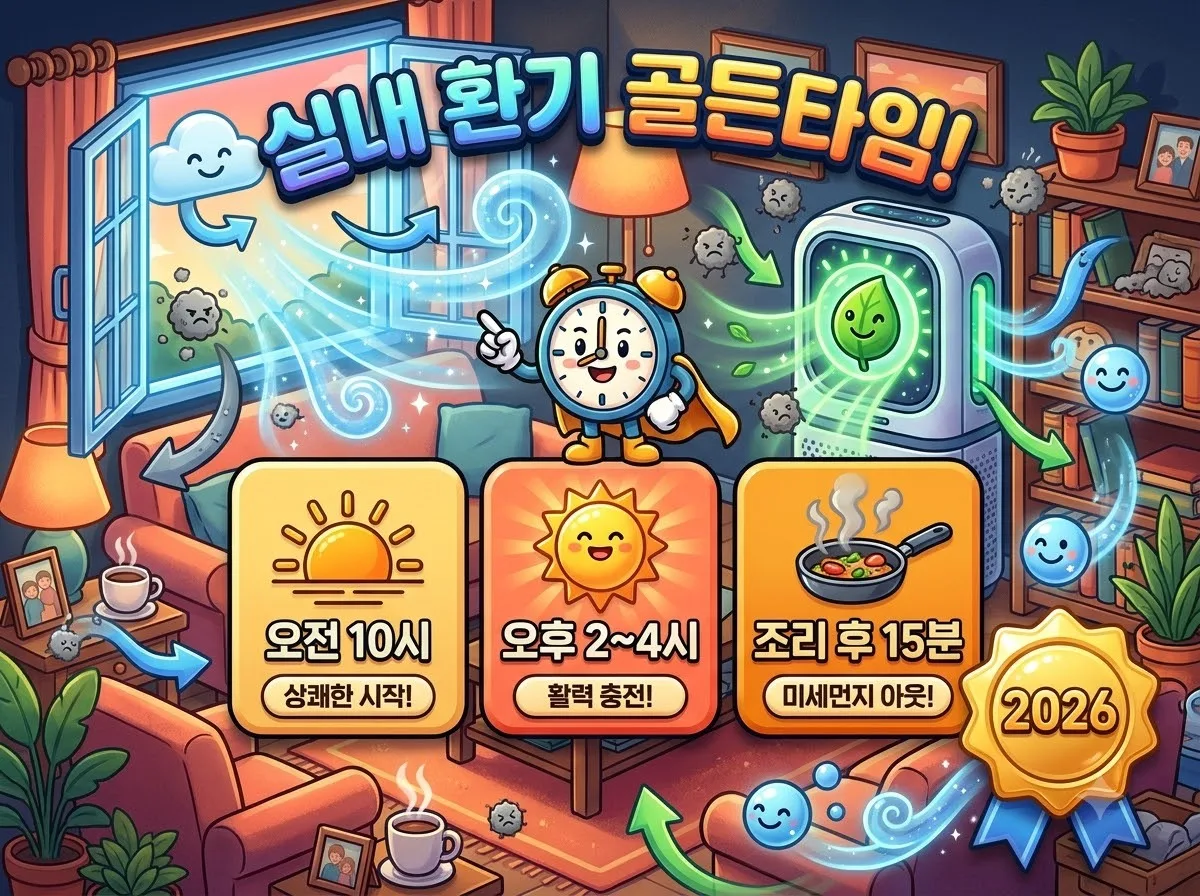 미세먼지가 심한 날에도 지켜야 할 실내 환기 골든타임 3가지와 공기청정기 사용 요령을 귀여운 3D 캐릭터와 인포그래픽 카드로 요약한 썸네일 이미지입니다.