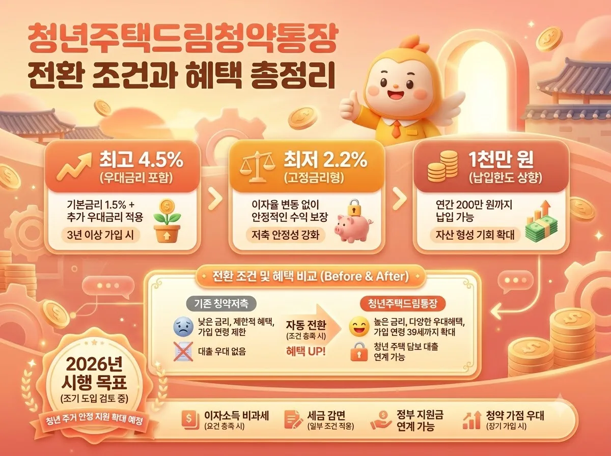 청년주택드림청약통장 전환 조건과 최고 4.5% 금리 혜택을 한눈에 보여주는 인포그래픽 포스터 이미지