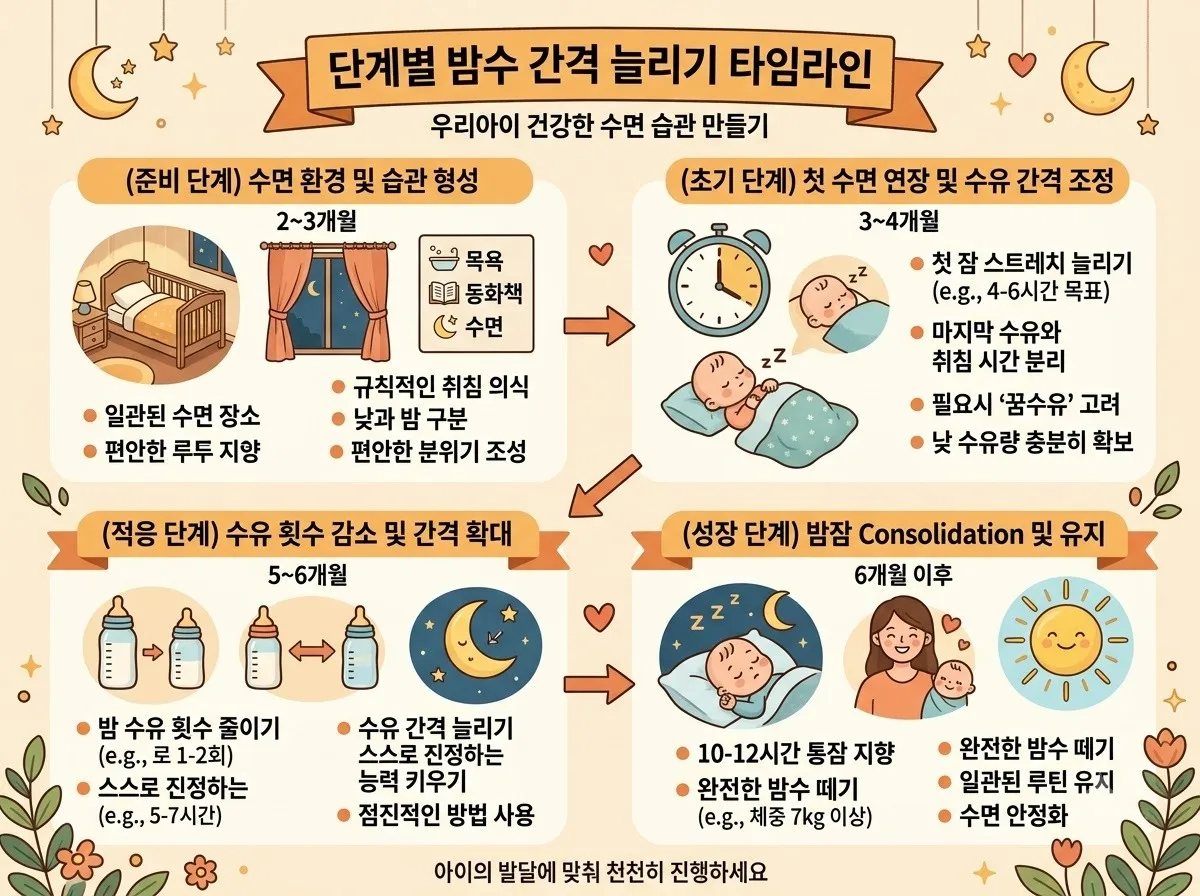 단계별 밤수 간격 늘리기 타임라인 핵심 내용을 한글 라벨로 정리한 정보성 이미지