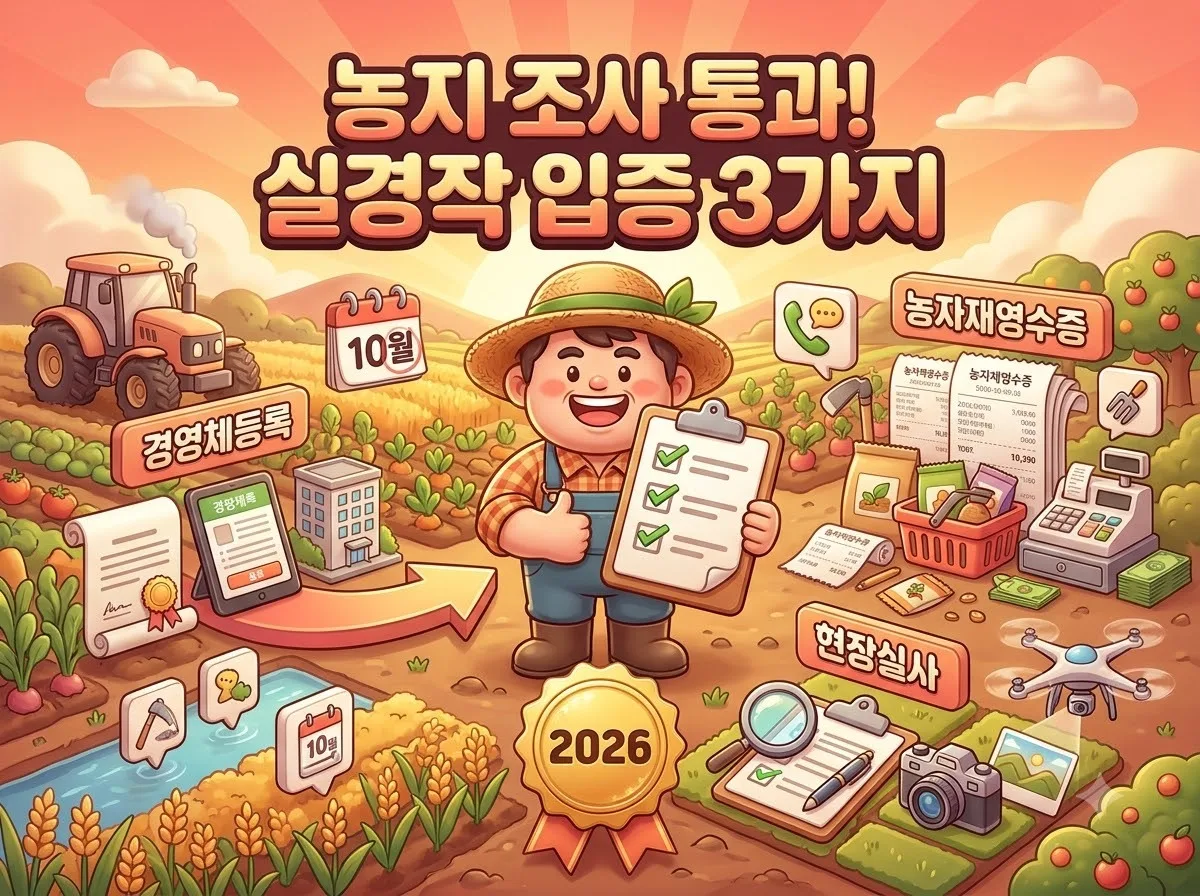 농지 전수조사 실경작 확인 기준과 소유주가 준비해야 할 농업경영체 등록, 농자재 영수증 등 3가지 필수 준비물을 알기 쉽게 시각화한 3D 인포그래픽 썸네일