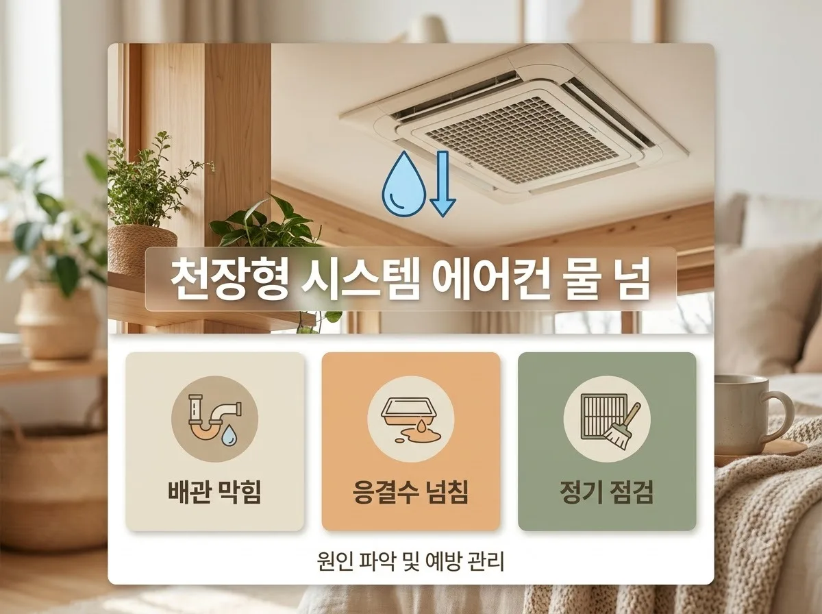 천장형 시스템 에어컨 물 넘침 해결 드레인 펌프 고장 자가 진단 및 응급 배수법 핵심을 요약한 대표 썸네일 이미지