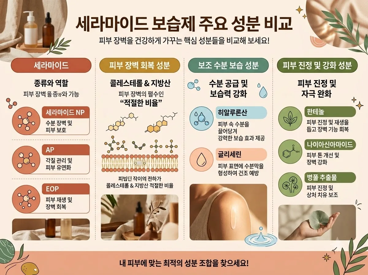 세라마이드 보습제 주요 성분 비교 핵심 내용을 한글 라벨로 정리한 정보성 이미지