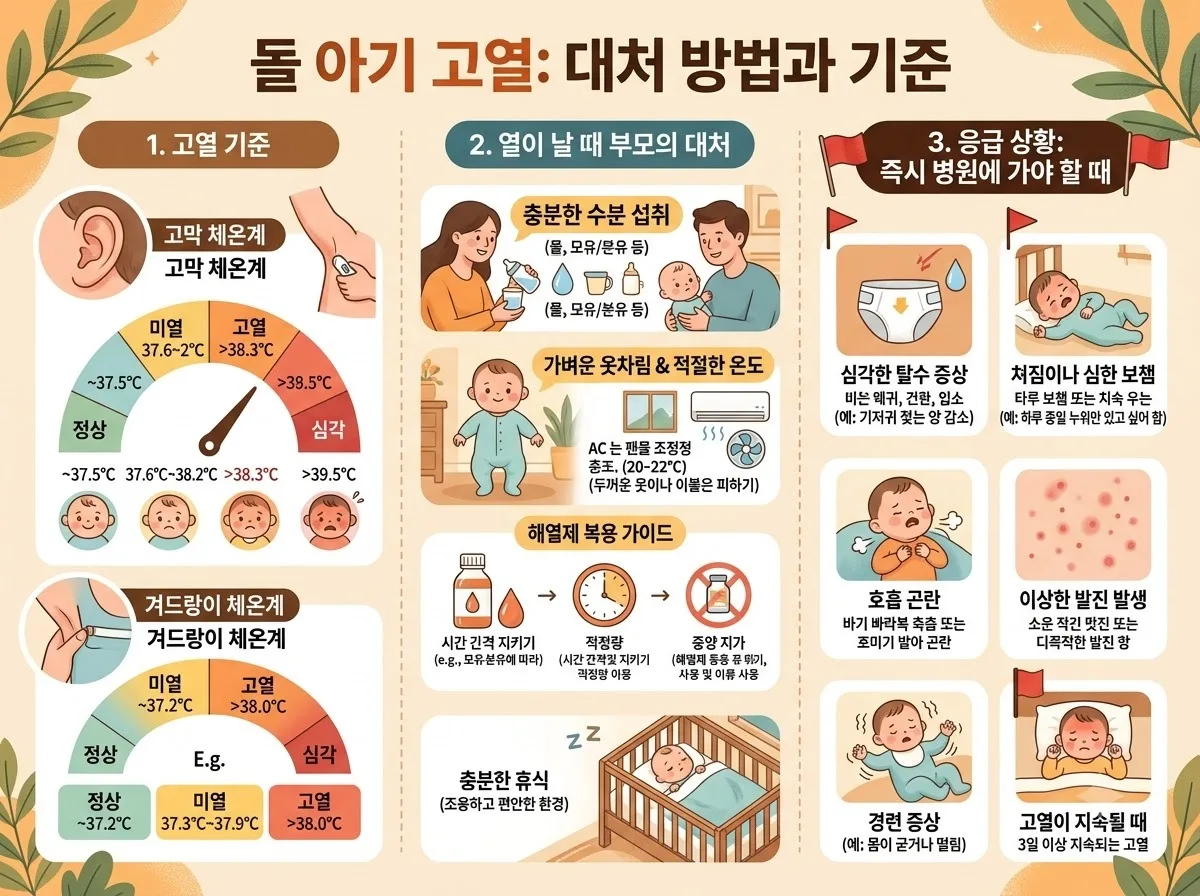 돌 아기 고열 기준과 기본 대처 방향 핵심 내용을 한글 라벨로 정리한 정보성 이미지