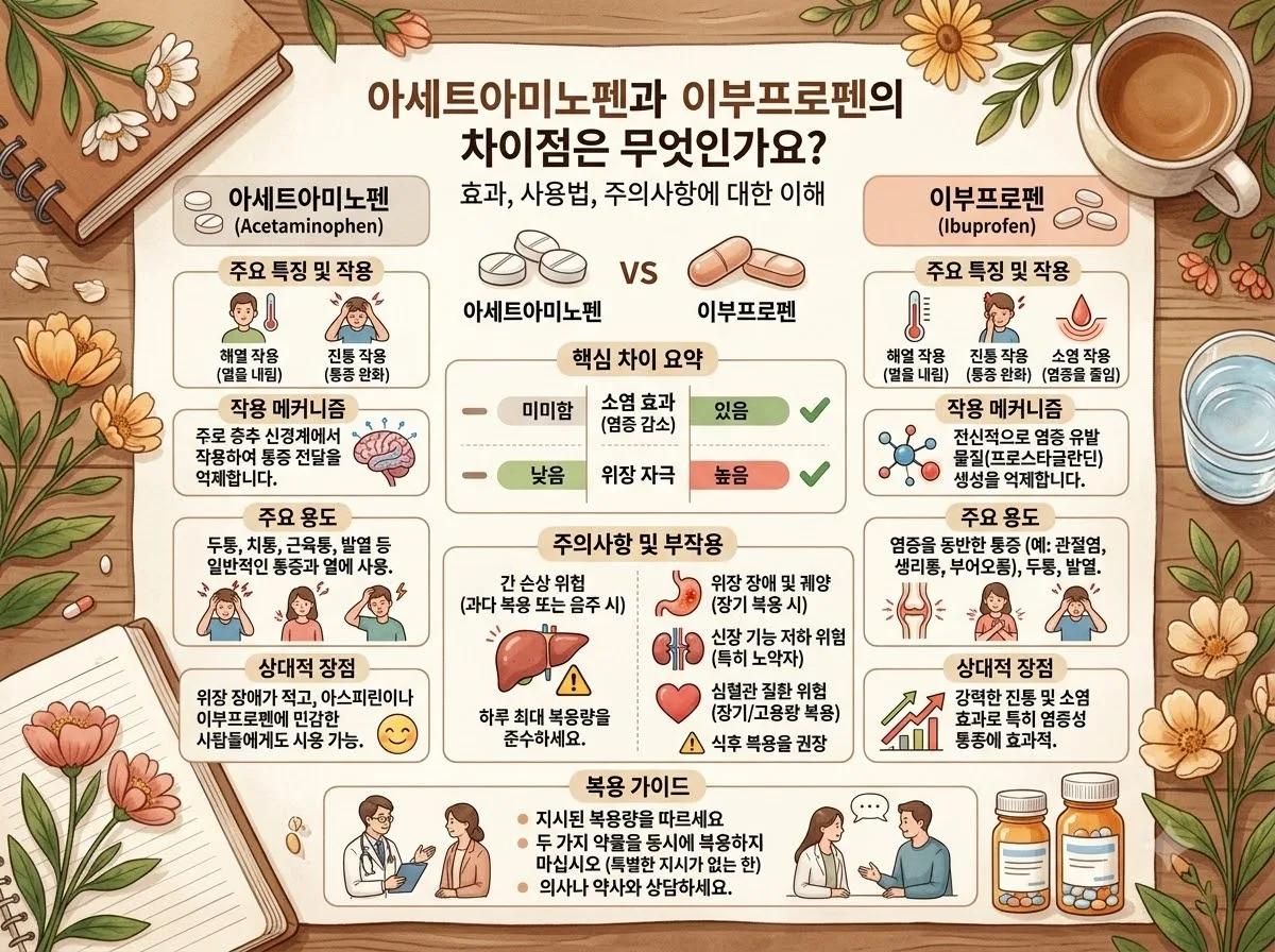 아세트아미노펜과 이부프로펜의 차이점은 무엇인가요? 핵심 내용을 한글 라벨로 정리한 정보성 이미지