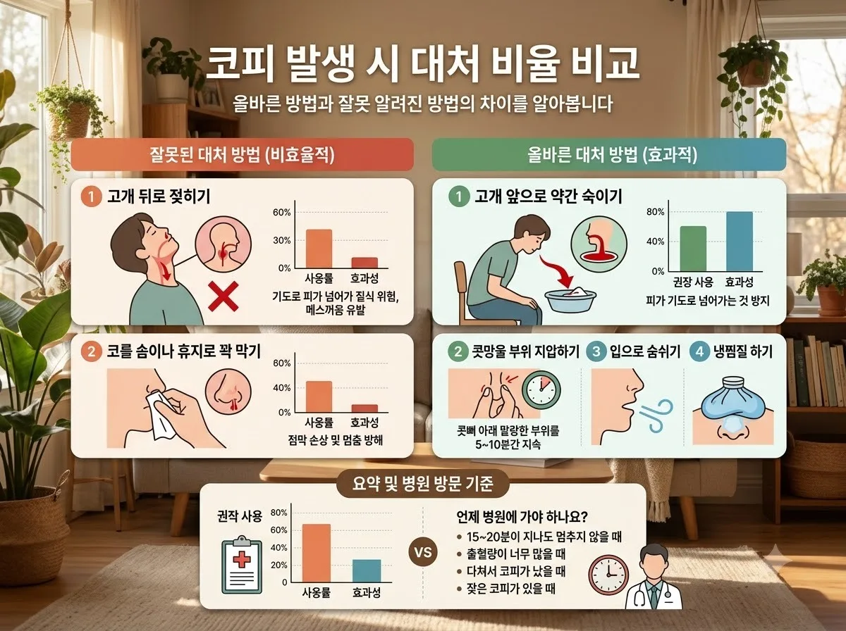 코피 발생 시 대처 비율 비교 핵심 내용을 한글 라벨로 정리한 정보성 이미지
