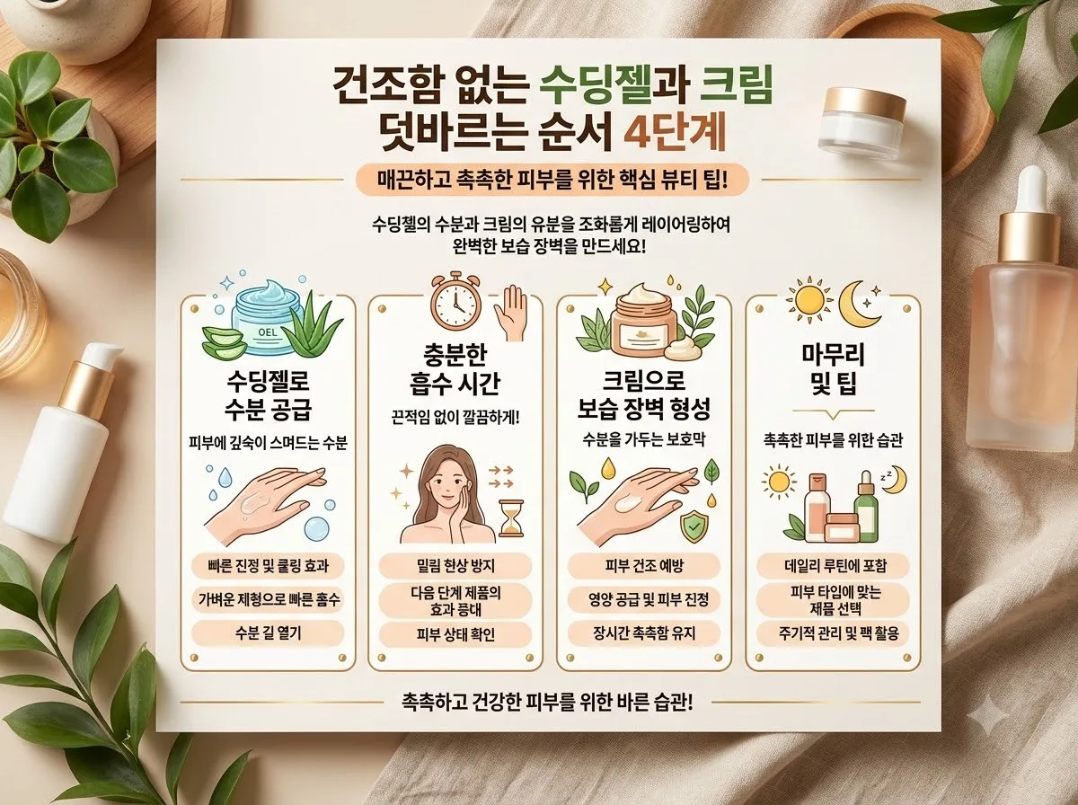 건조함 없는 수딩젤과 크림 덧바르는 순서 4단계 핵심 내용을 한글 라벨로 정리한 정보성 이미지