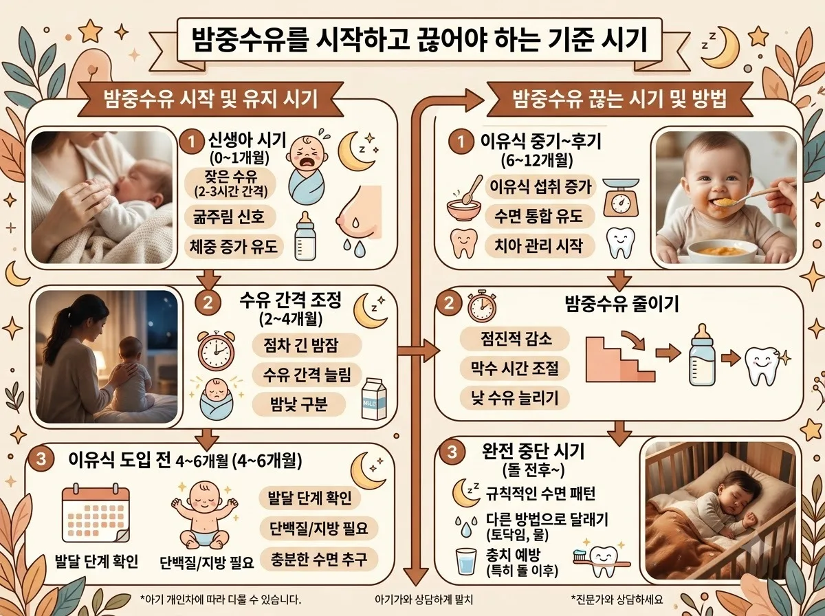 밤중수유를 시작하고 끊어야 하는 기준 시기 핵심 내용을 한글 라벨로 정리한 정보성 이미지