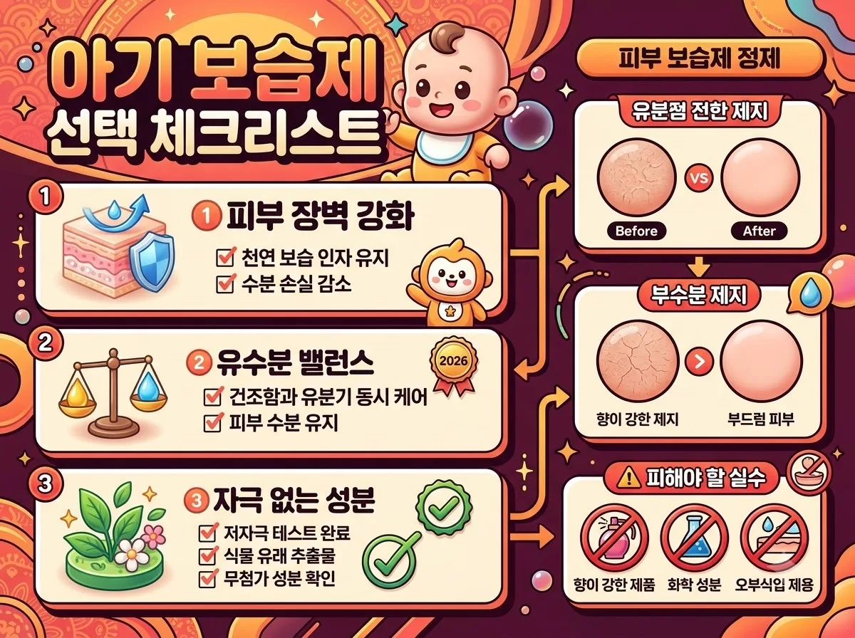 아기 보습제 선택 시 꼭 확인해야 할 체크리스트와 자주 하는 실수를 예방하는 팁을 담은 인포그래픽 이미지