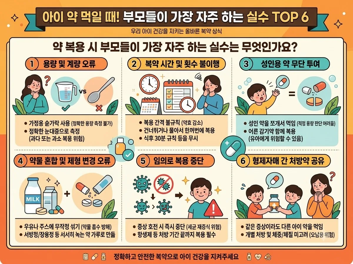 약 복용 시 부모들이 가장 자주 하는 실수는 무엇인가요? 핵심 내용을 한글 라벨로 정리한 정보성 이미지