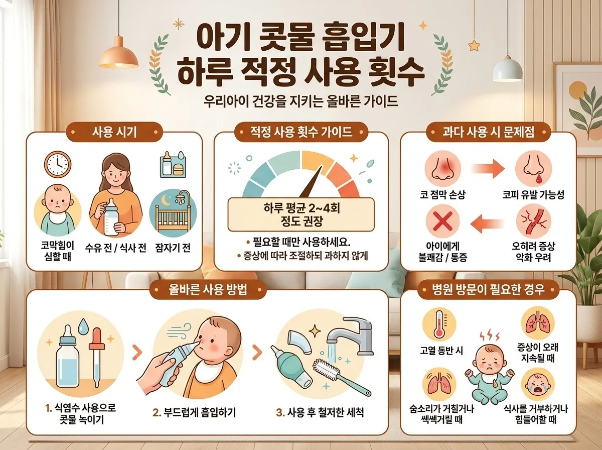아기 콧물 흡입기 하루 적정 사용 횟수 핵심 내용을 한글 라벨로 정리한 정보성 이미지