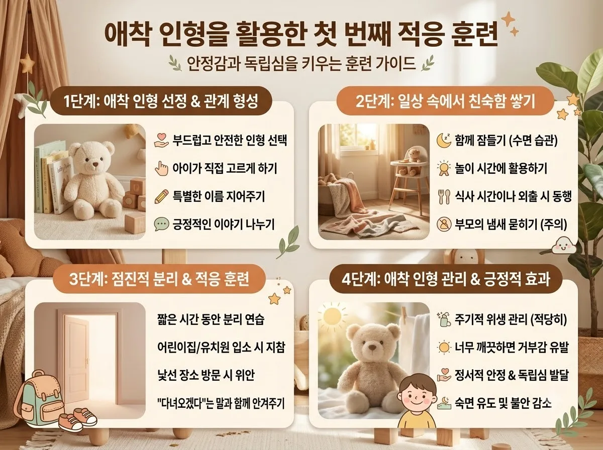애착 인형을 활용한 첫 번째 적응 훈련 핵심 내용을 한글 라벨로 정리한 정보성 이미지