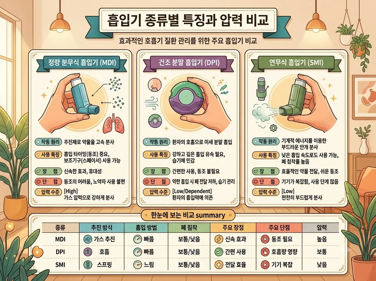흡입기 종류별 특징과 압력 비교 핵심 내용을 한글 라벨로 정리한 정보성 이미지