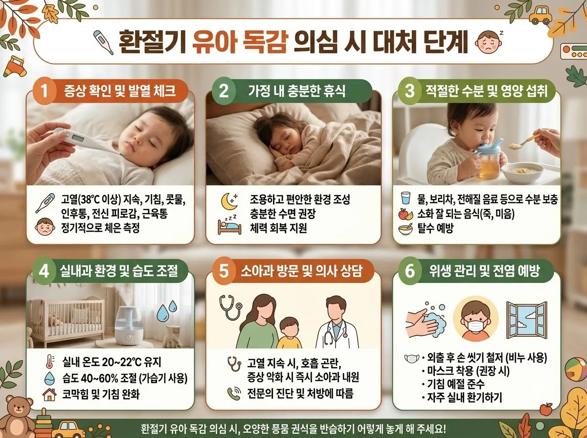 환절기 유아 독감 의심 시 대처 단계 핵심 내용을 한글 라벨로 정리한 정보성 이미지