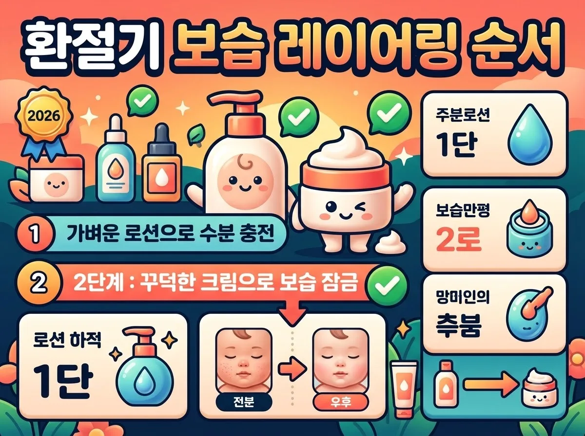 환절기 아기 피부 건조를 막기 위한 로션과 크림의 단계별 레이어링 보습 순서를 시각화한 정보성 이미지