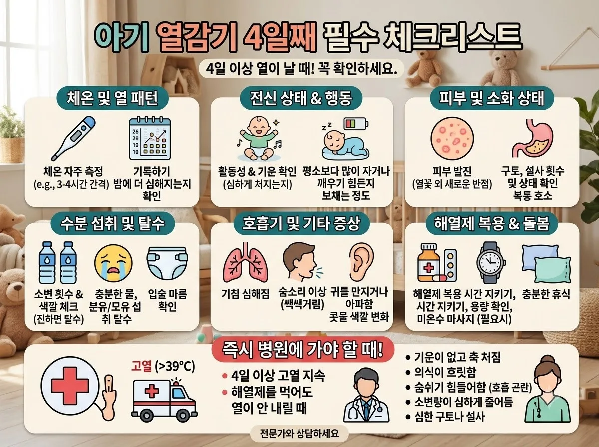 아기 열감기 4일째 필수 체크리스트 핵심 내용을 한글 라벨로 정리한 정보성 이미지