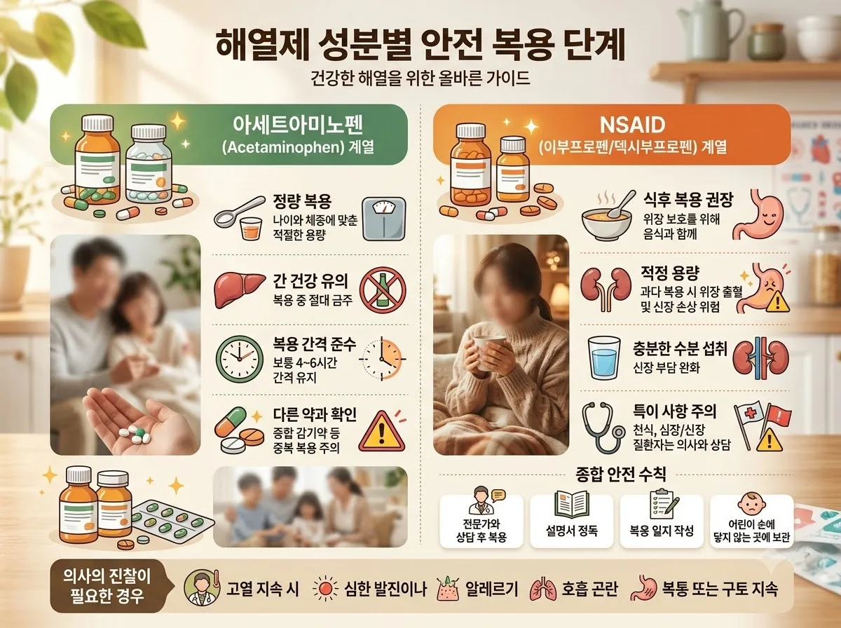 해열제 성분별 안전 복용 단계 핵심 내용을 한글 라벨로 정리한 정보성 이미지