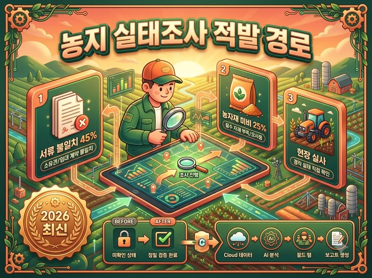 농지 소유주와 실제 경작자가 다를 때 진행되는 농지 실태조사의 3가지 주요 적발 경로와 서류 불일치 비율을 시각화한 3D 인포그래픽 포스터 이미지.