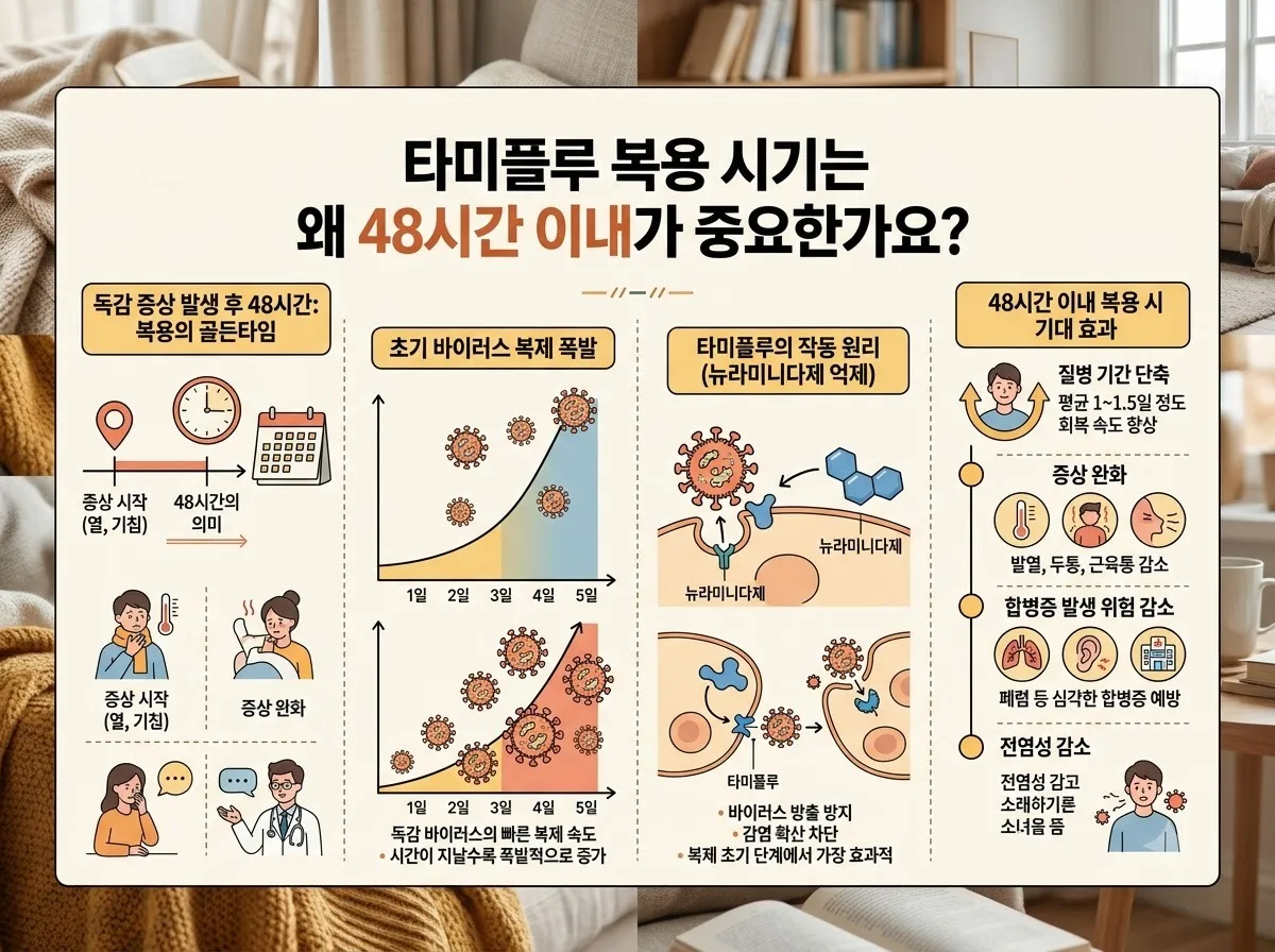 타미플루 복용 시기는 왜 48시간 이내가 중요한가요? 핵심 내용을 한글 라벨로 정리한 정보성 이미지