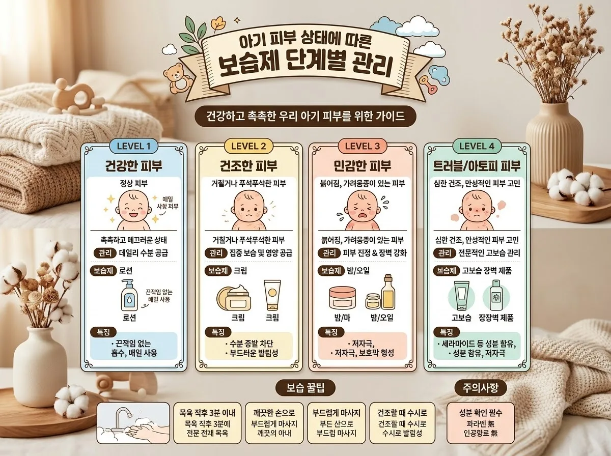 아기 피부 상태에 따른 보습제 단계별 관리 핵심 내용을 한글 라벨로 정리한 정보성 이미지