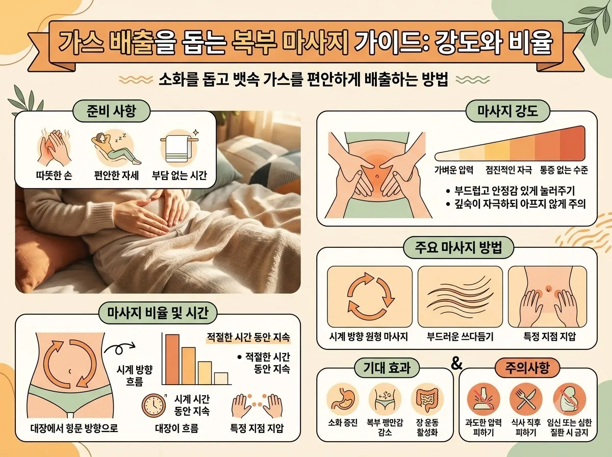 가스 배출을 돕는 복부 마사지 강도와 비율 핵심 내용을 한글 라벨로 정리한 정보성 이미지