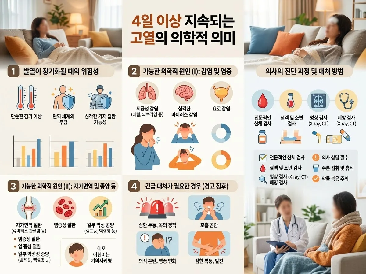 4일 이상 지속되는 고열의 의학적 의미 핵심 내용을 한글 라벨로 정리한 정보성 이미지