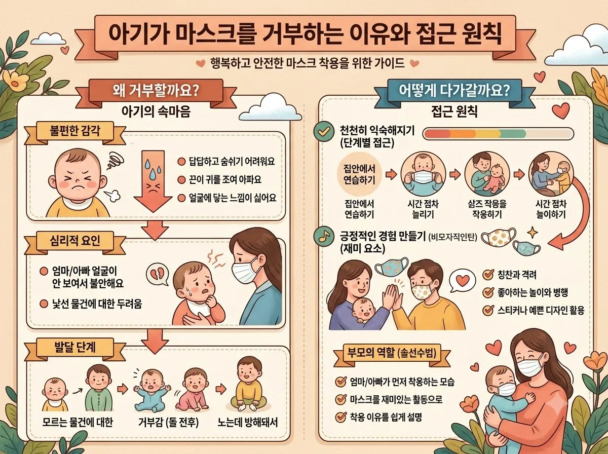 아기가 마스크를 거부하는 이유와 접근 원칙 핵심 내용을 한글 라벨로 정리한 정보성 이미지