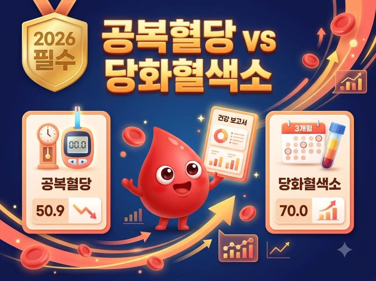 공복혈당과 당화혈색소의 근본적인 차이점과 건강검진 판정 기준을 3D 캐릭터와 인포그래픽으로 비교한 썸네일 이미지입니다.