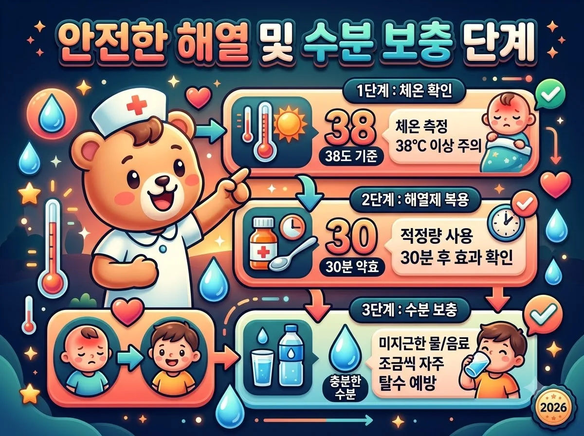 열나는 아이를 위한 안전한 해열제 복용 기준과 올바른 수분 보충 단계를 알기 쉽게 시각화한 인포그래픽 이미지
