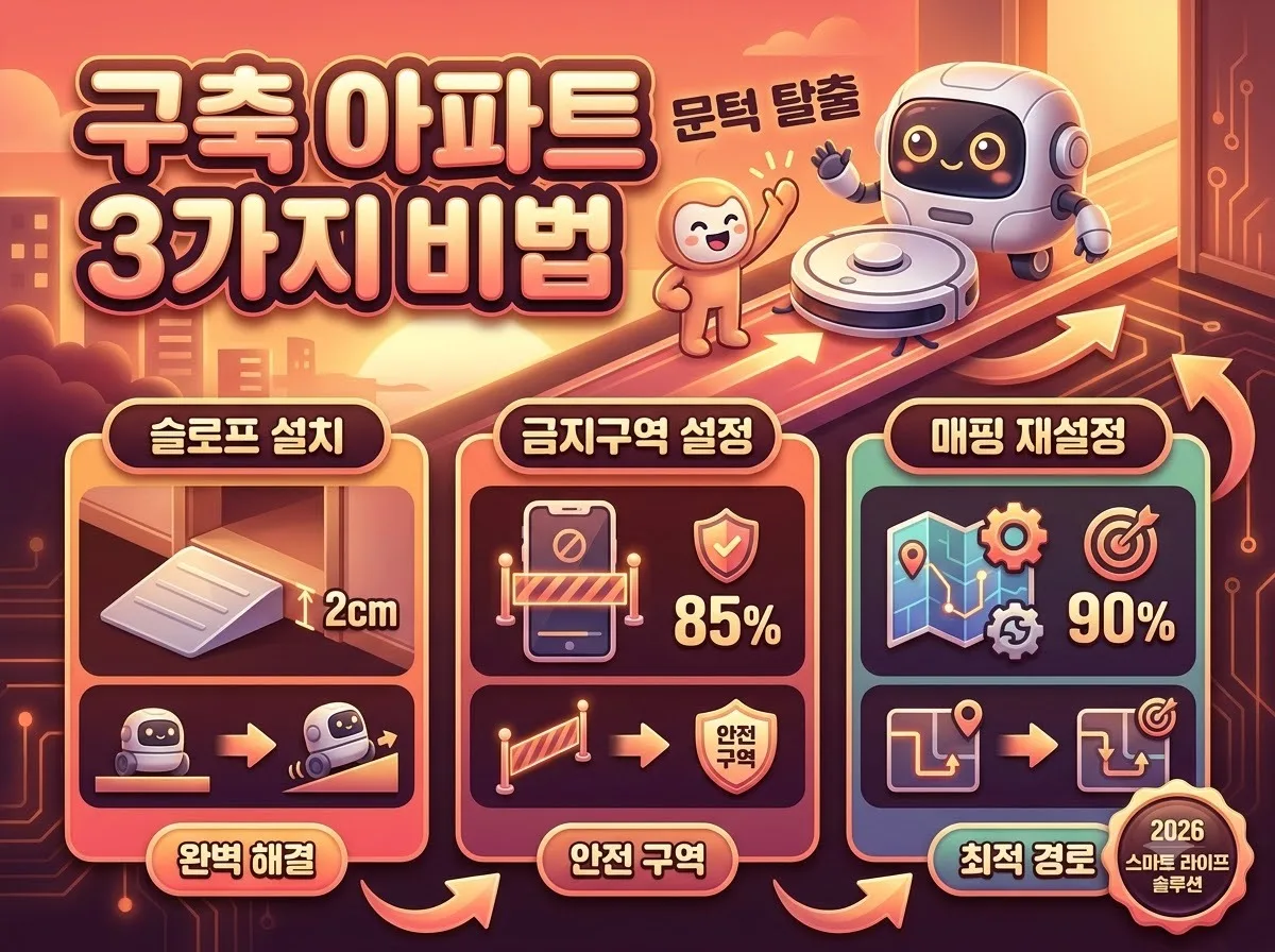 구축 아파트 로봇청소기 문턱 갇힘 방지를 위한 슬로프 설치와 금지 구역 설정 핵심 해결법을 담은 인포그래픽 썸네일 이미지