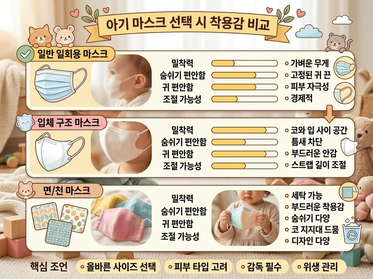 아기 마스크 선택 시 착용감 비교 핵심 내용을 한글 라벨로 정리한 정보성 이미지