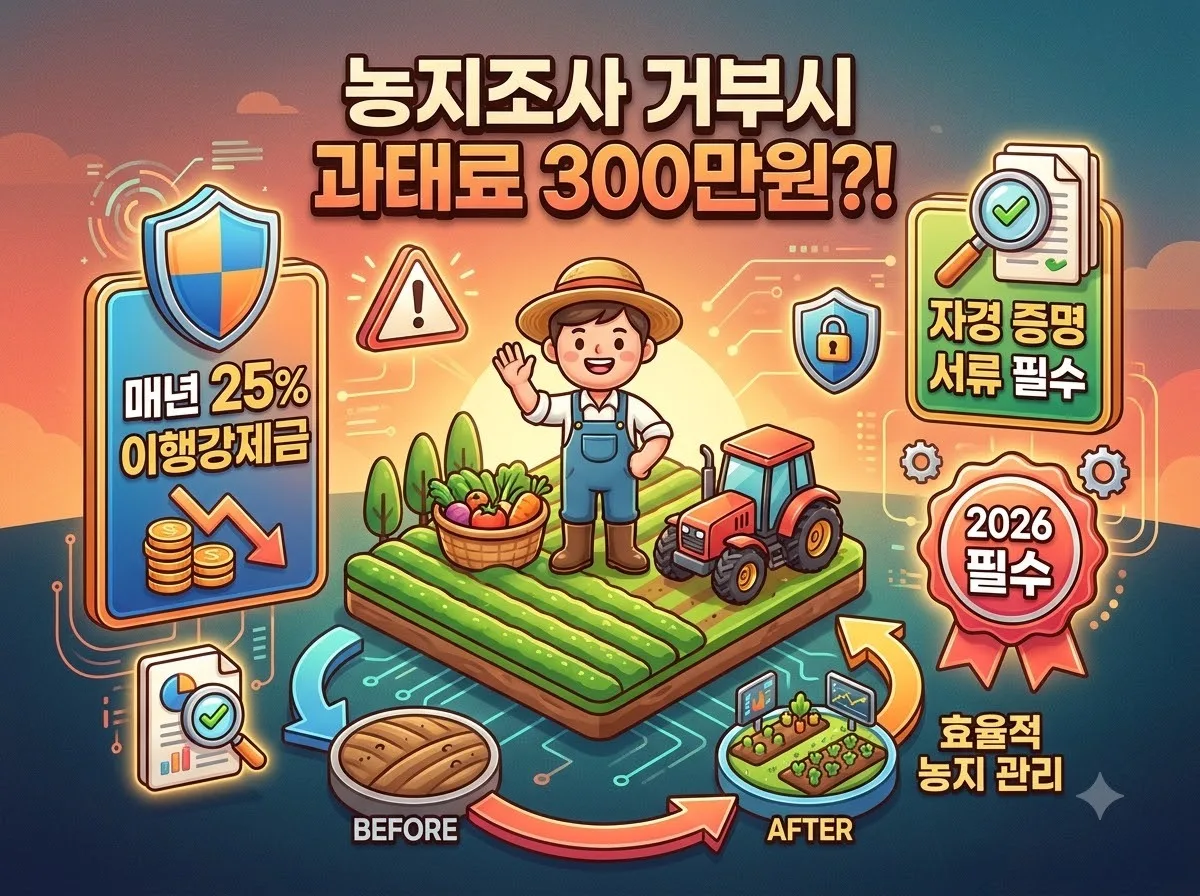 2026년 농지 전수조사 거부 시 과태료 300만 원 및 미자경 시 매년 25% 이행강제금 부과 기준을 시각화한 정보성 3D 인포그래픽 썸네일 이미지입니다.