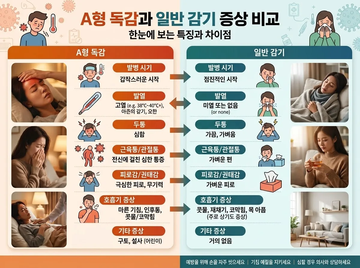 A형 독감과 일반 감기의 증상 비교 핵심 내용을 한글 라벨로 정리한 정보성 이미지