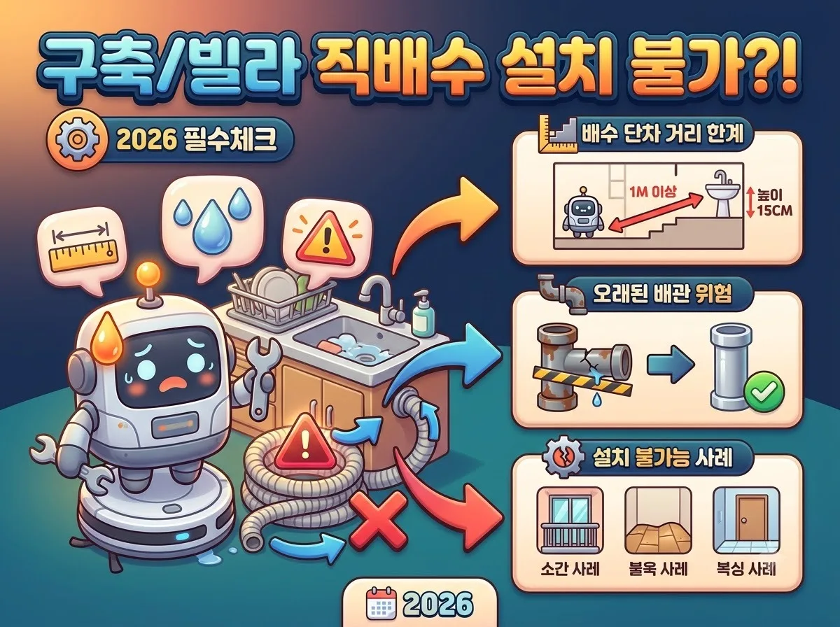로봇청소기 직배수 키트 설치 시 구축 아파트와 빌라에서 발생하는 배수 단차 및 거리 문제를 직관적으로 설명하는 3D 캐릭터 인포그래픽 썸네일 이미지.