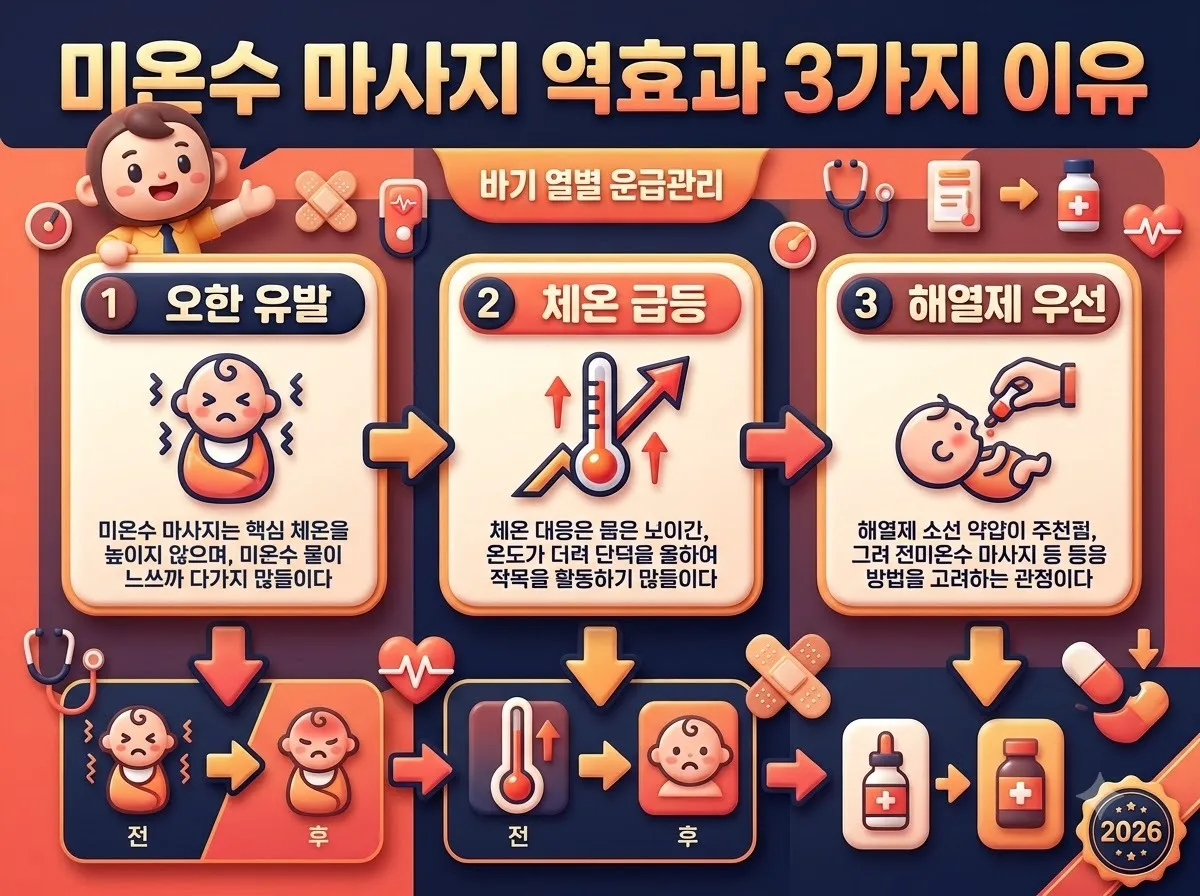 아기 발열 시 미온수 마사지가 왜 오한과 체온 상승을 유발하는지 그 원인과 3가지 역효과를 분석한 인포그래픽 이미지