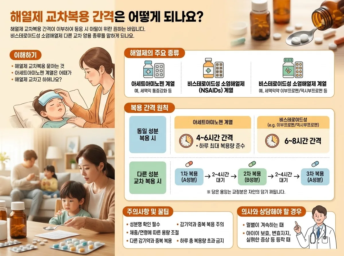 해열제 교차복용 간격은 어떻게 되나요? 핵심 내용을 한글 라벨로 정리한 정보성 이미지
