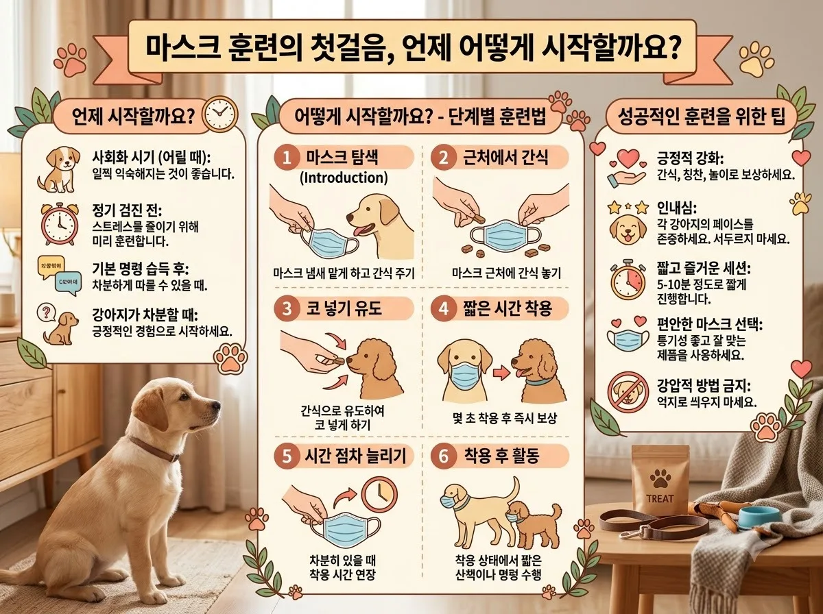 마스크 훈련의 첫걸음, 언제 어떻게 시작할까요? 핵심 내용을 한글 라벨로 정리한 정보성 이미지