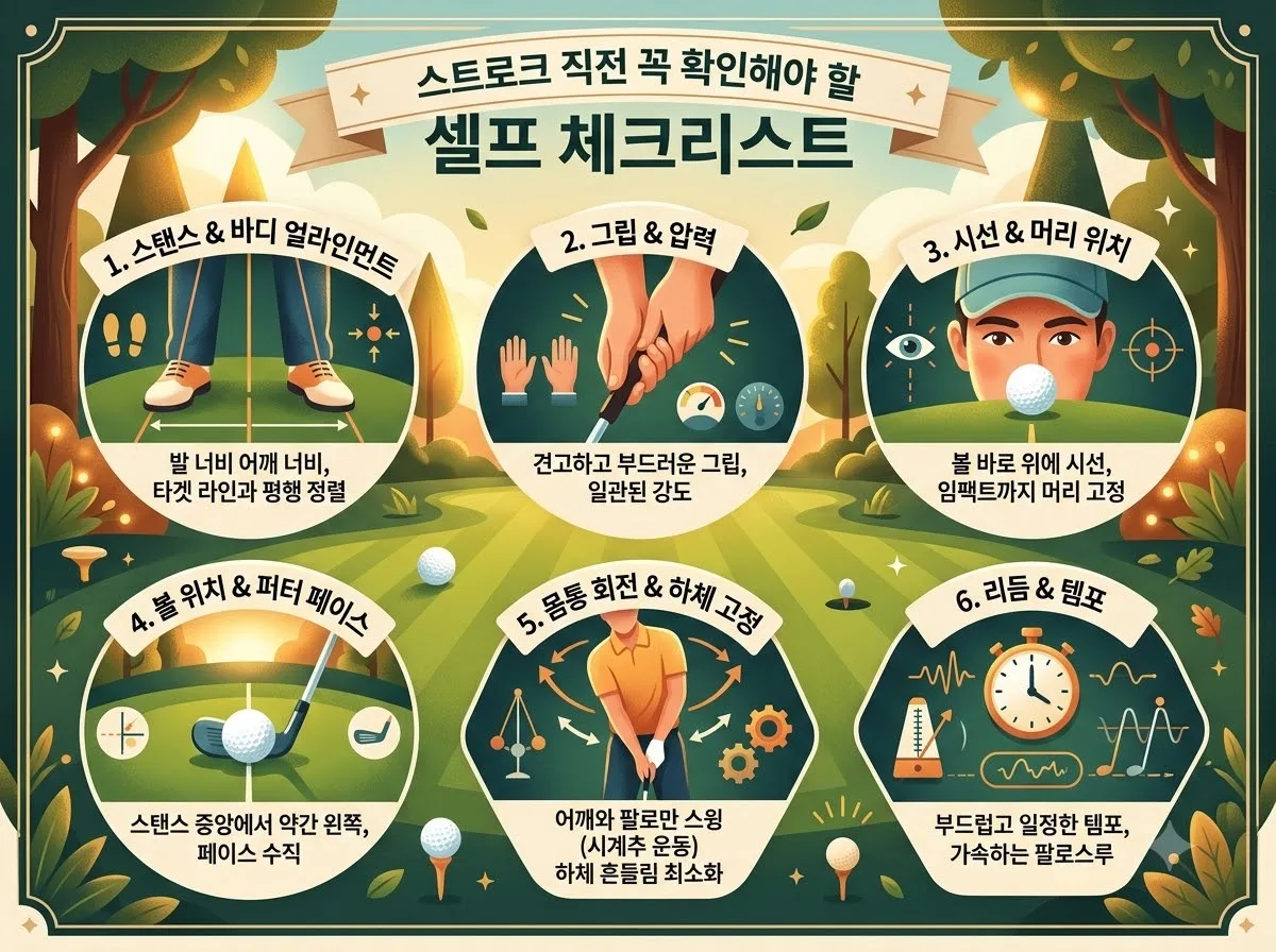 스트로크 직전 꼭 확인해야 할 퍼팅 자세 셀프 체크리스트 핵심 내용을 한글 라벨로 정리한 정보성 이미지