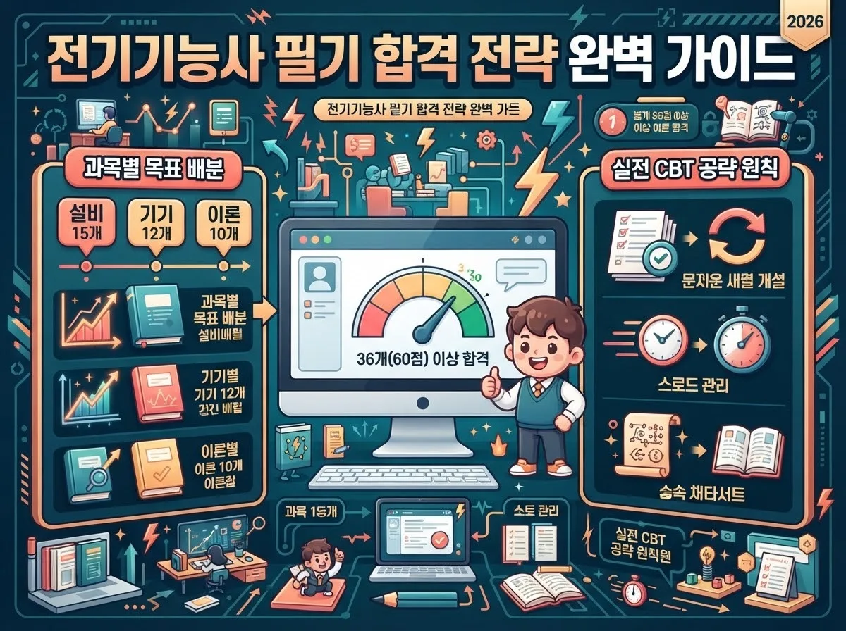 전기기능사 필기 CBT 문제은행 방식 실전 대비법과 과목별 목표 점수 배분 합격 전략 인포그래픽
