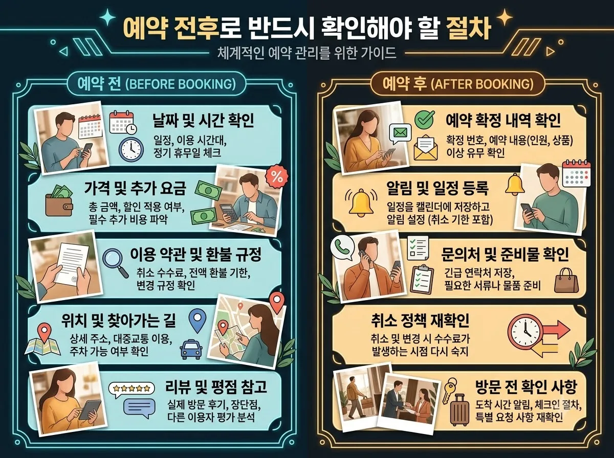 예약 전후로 반드시 확인해야 할 절차 핵심 내용을 한글 라벨로 정리한 정보성 이미지