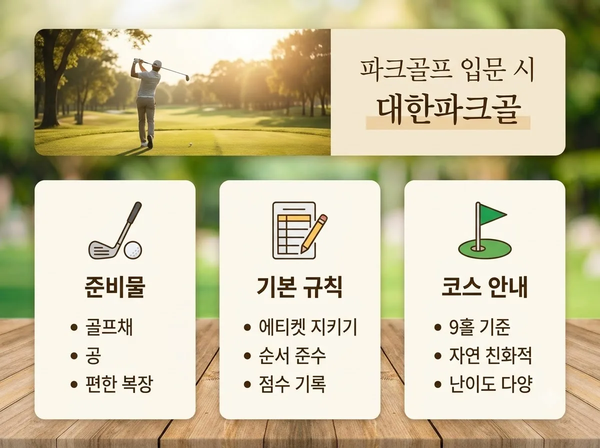 파크골프 초보 필수 준비물 5가지와 잔디 규정 고르는 법 핵심을 요약한 대표 썸네일 이미지