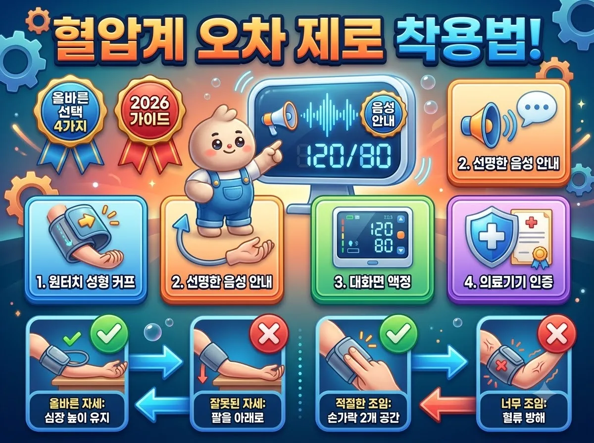 올바른 가정용 음성 혈압계 선택 기준 4가지와 오차 없는 커프 착용법 가이드 인포그래픽 썸네일