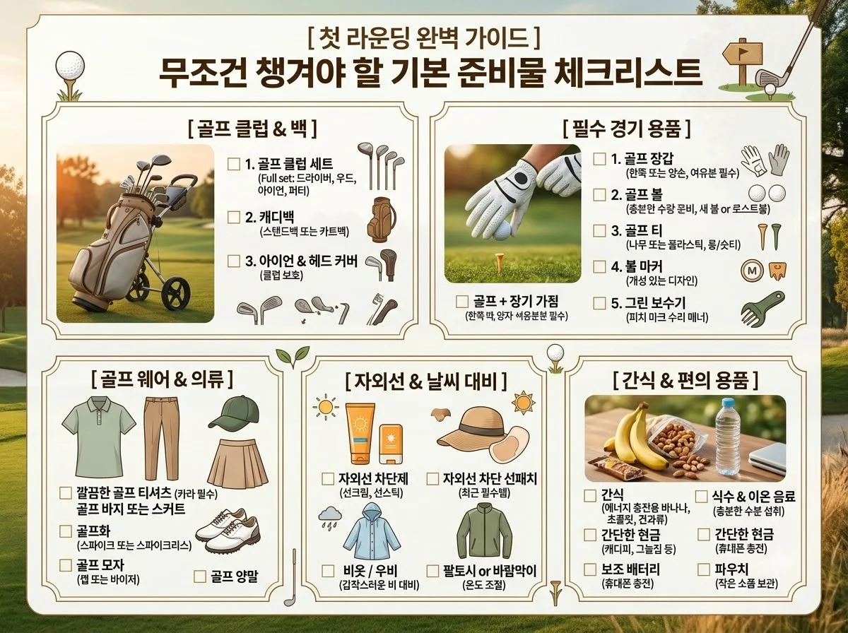 첫 라운딩 전 무조건 챙겨야 할 기본 준비물 체크리스트 핵심 내용을 한글 라벨로 정리한 정보성 이미지