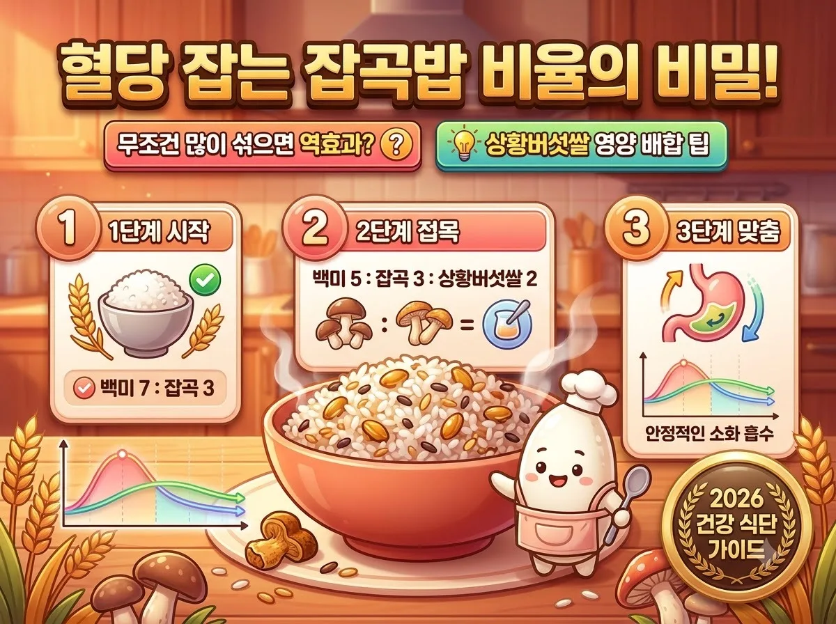 당뇨 관리와 안정적인 혈당 조절을 위한 백미 잡곡 상황버섯쌀 단계별 황금 비율 가이드 인포그래픽 포스터