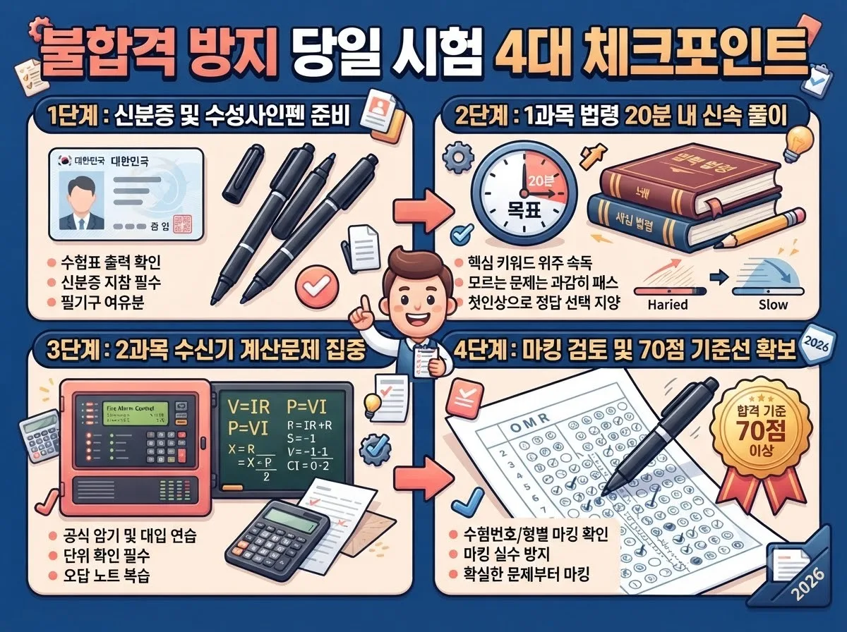 소방안전관리자 2급 당일 시험 합격을 위한 4단계 체크리스트와 과목별 문제 풀이 요령 인포그래픽