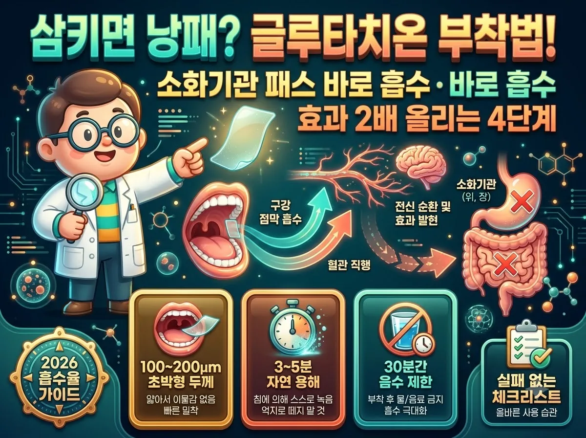 글루타치온 필름의 흡수율을 높이는 구강 점막 부착법 4단계와 용해 시간 및 주의사항을 정리한 인포그래픽 포스터