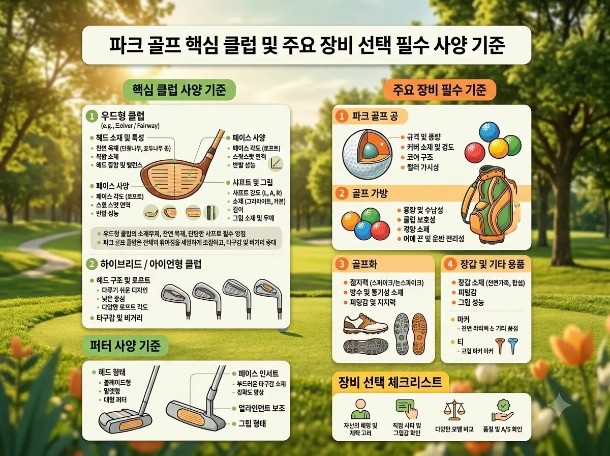 파크골프 핵심 클럽 및 주요 용품 선택 시 필수 규격 기준 핵심 내용을 한글 라벨로 정리한 정보성 이미지