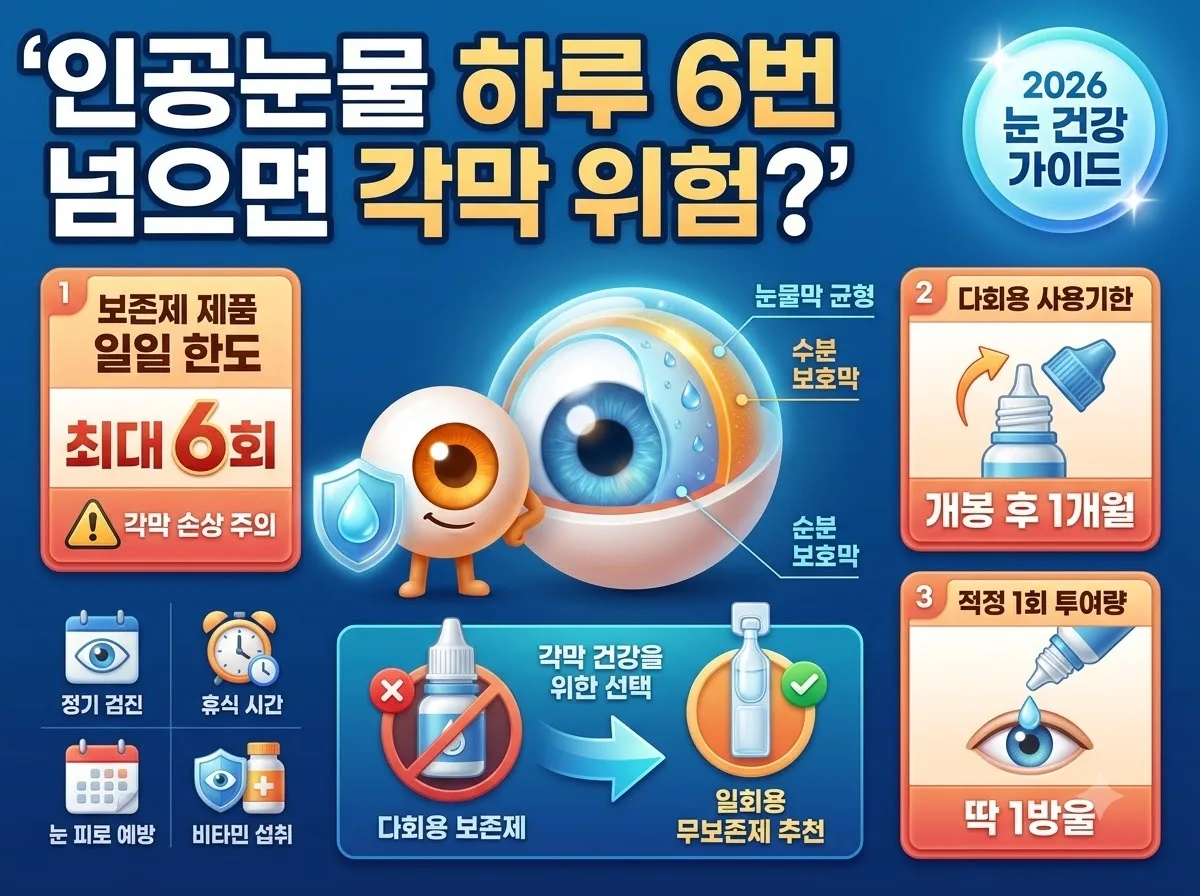 인공눈물 하루 6회 제한 기준과 개봉 후 1개월 유통기한 및 올바른 1회 1방울 점안 가이드를 정리한 인포그래픽 이미지